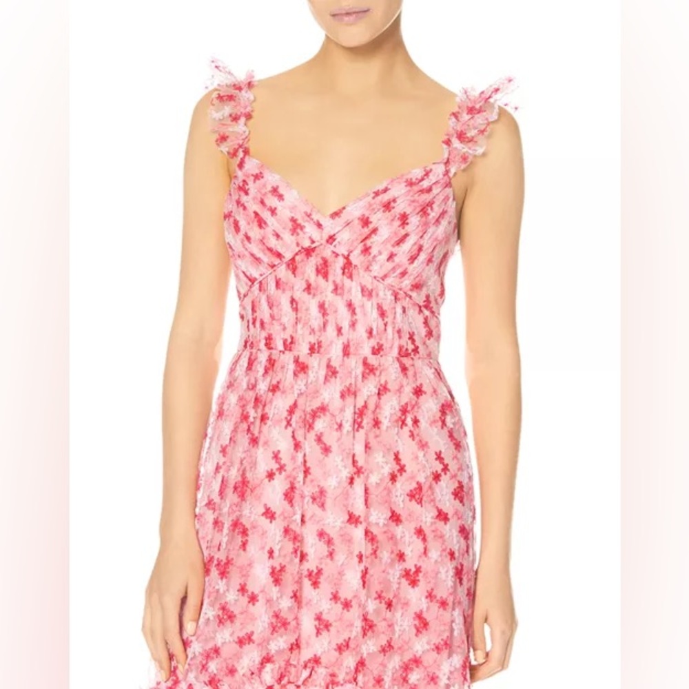 ML Monique Lhuillier Floral Embroidered Mesh Pink & White Midi Dress | Size 10 - Picture 3 of 10